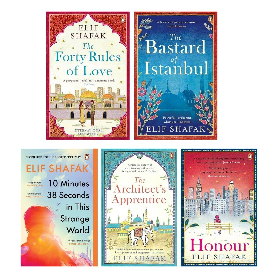 Elif Shafak 5 books combo (Forty Rules of Love + Bastard of Istanbul + 10 Minutes 38 Seconds in this Strong World + The Architect's Apprentice + Honor)