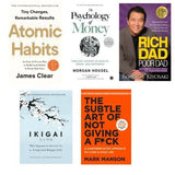 Self help combo - 4 Books (Atomic Habits + Psychology of money + Rich dad Poor dad + Ikigai + The subtle art of not giving)
