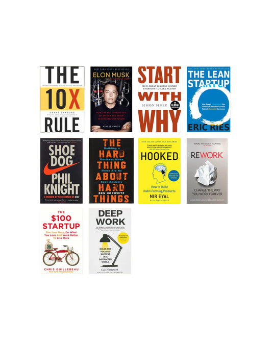 Entrepreneurship & Business Strategy Book Lot (10 Books) - Shoe Dog, Start With Why, The Lean Startup, Deep Work, Elon Musk Biography