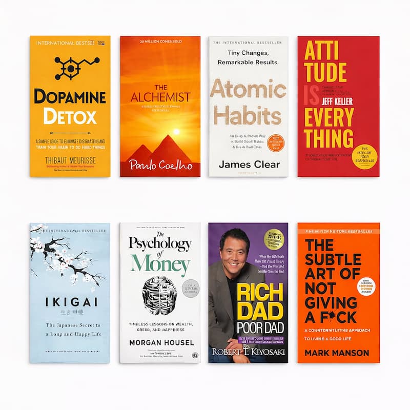 Dopamine Detox + The Alchemist + Atomic Habits + Attitude Is Everything + Ikigai + The Psychology of Money + Rich Dad Poor Dad + The Subtle Art of Not Giving a F*ck | 8-Book Combo