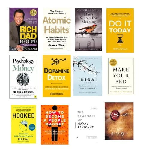 Rich Dad Poor Dad + Atomic Habits + Man's Search for Meaning + Do It Today + The Psychology of Money + Dopamine Detox + Ikigai + Make Your Bed + Hooked + How to Become a People Magnet + The Almanack of Naval Ravikant + The Secret | 12-Book Combo